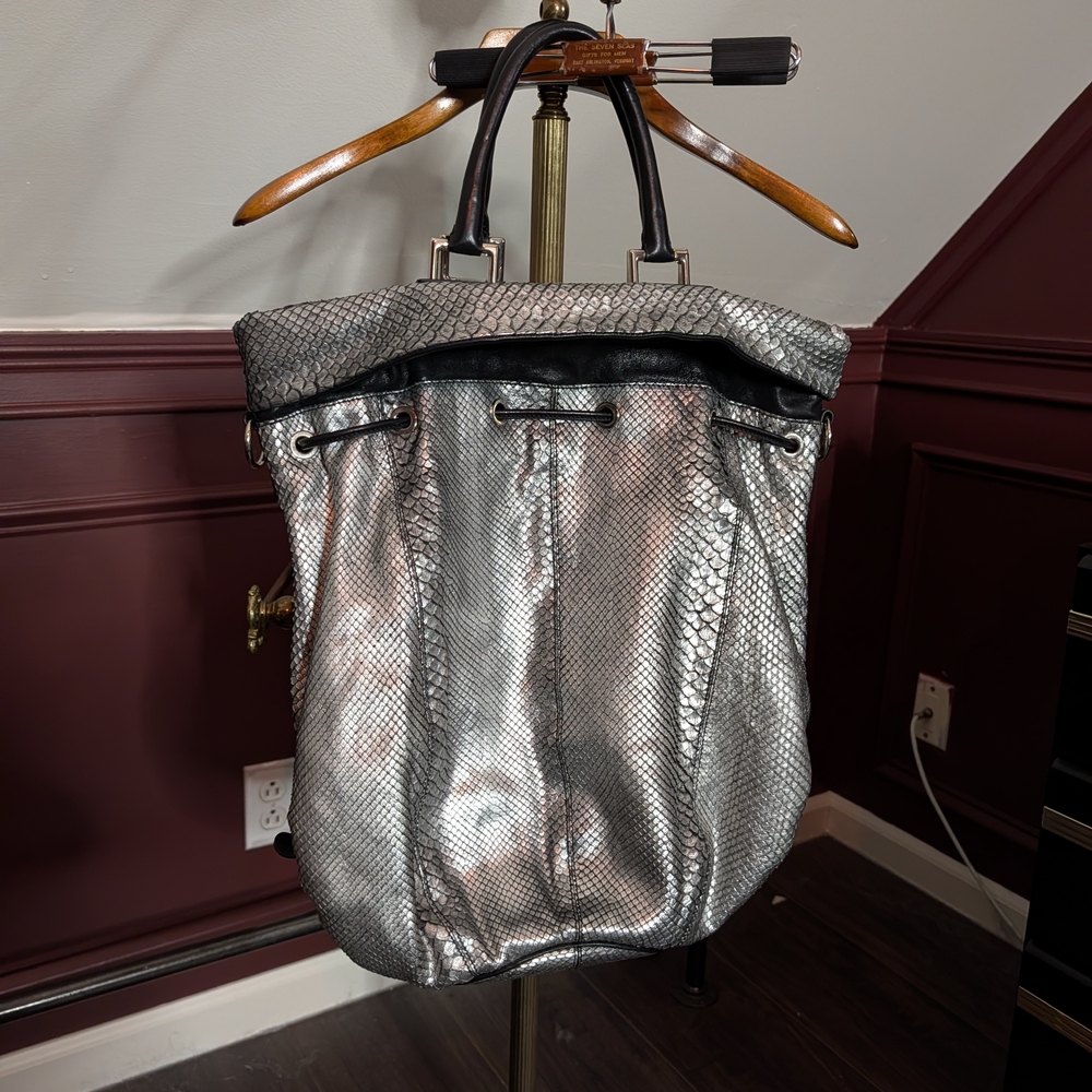 Barbara Bui Genuine Snakeskin Exotic Silver Leather Bucket Bag LARGE Italian - Picture 1 of 14